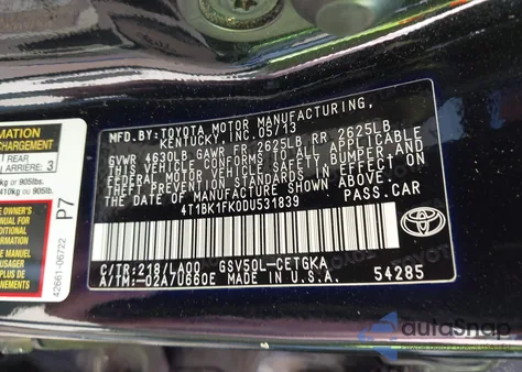 2013 Toyota Camry Xle V6 from USA, damaged, VIN 4T1BK1FK0DU531839